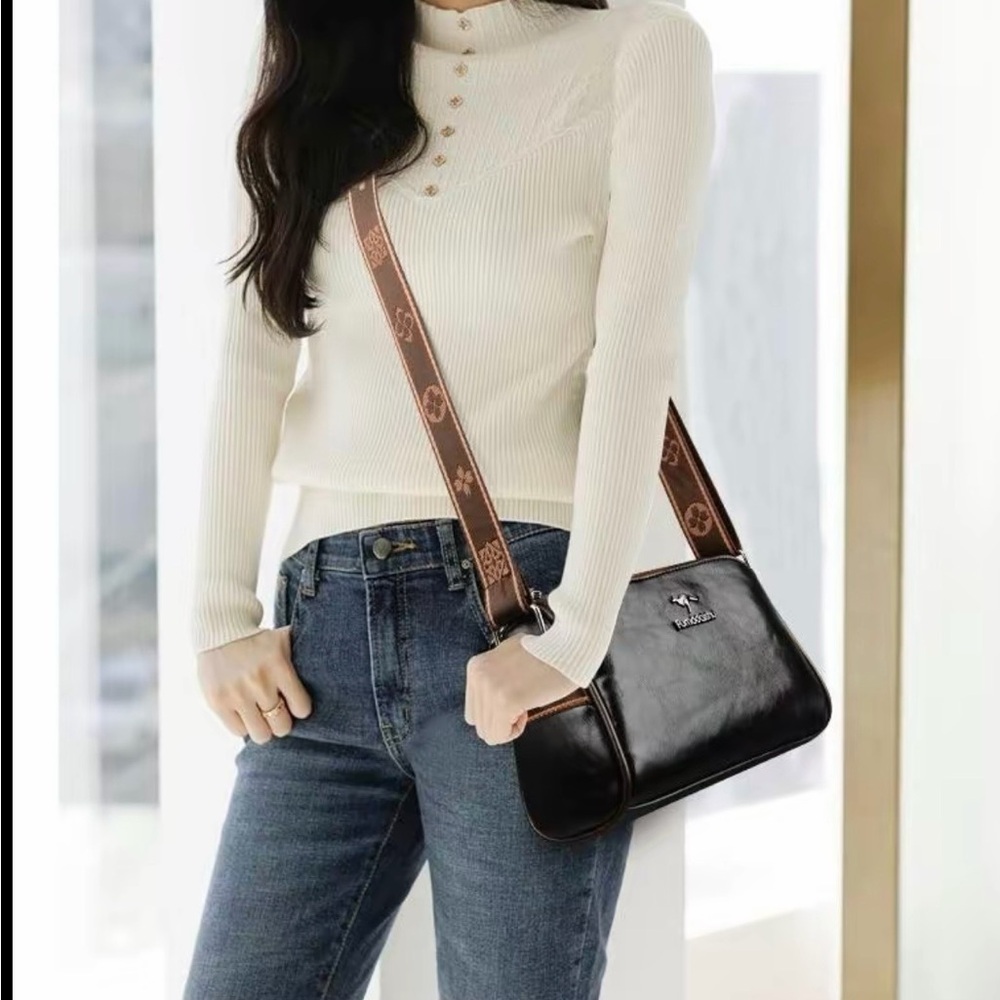 FUMDDAISHU FASHION Soft Leather Crossbody Versatile Boston Bag Black and Brown - Picture 4 of 15
